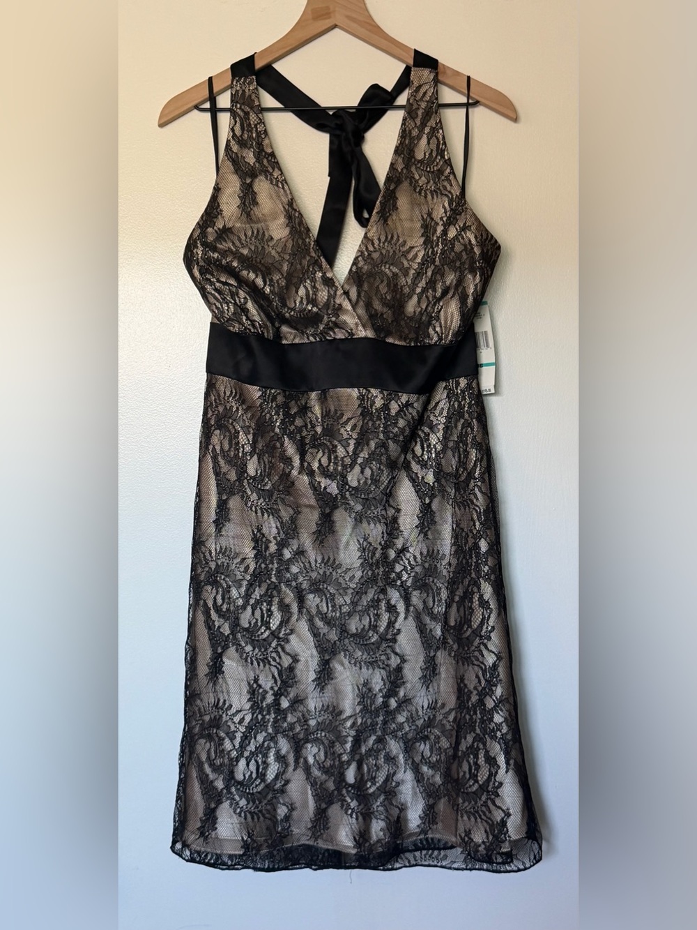 Jones New York Black Lace Overlay with Nude Slip Midi Dress